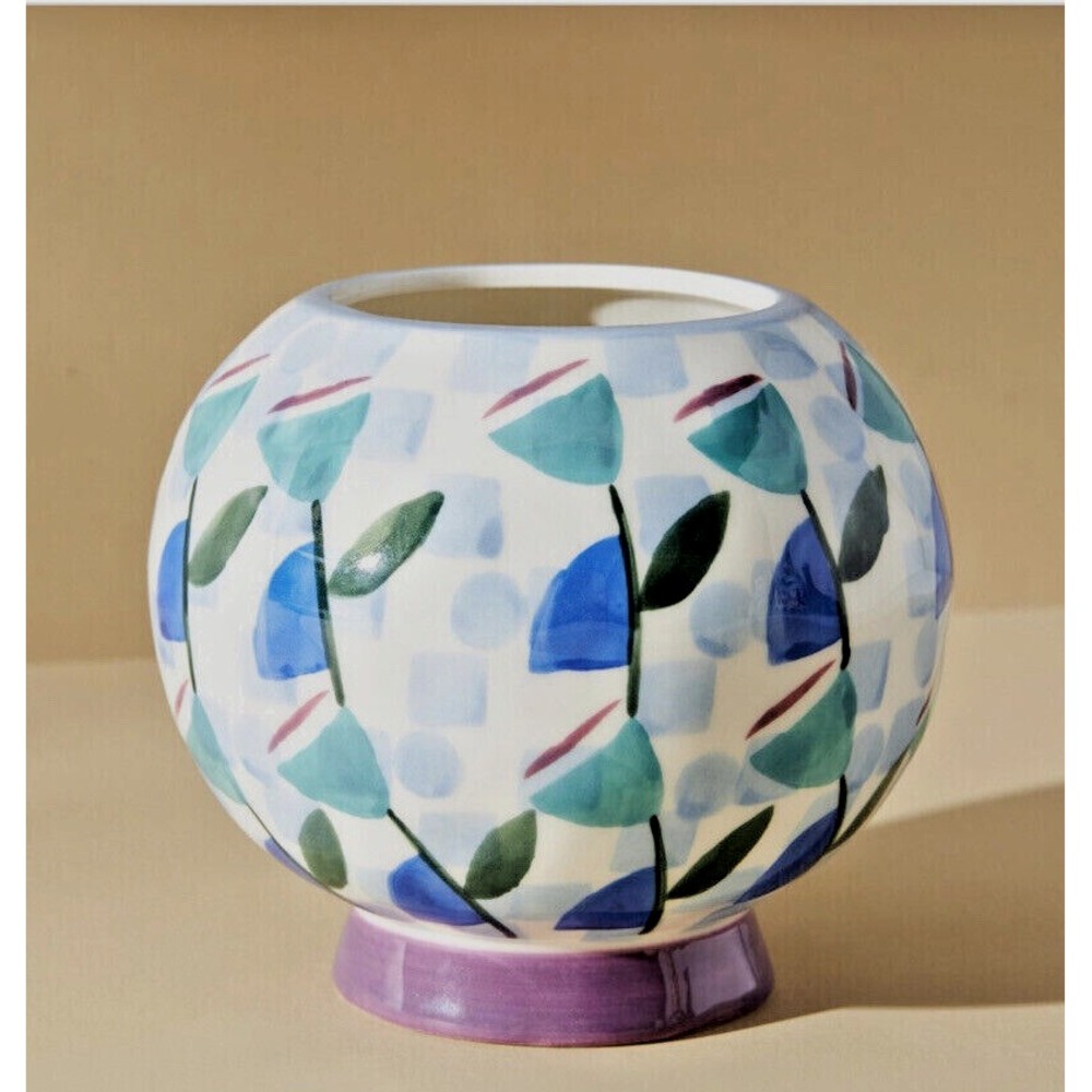 Anthropologie Copen Vase Pot Planter Blue Abstract Modern Floral‎ Blue Green 5"